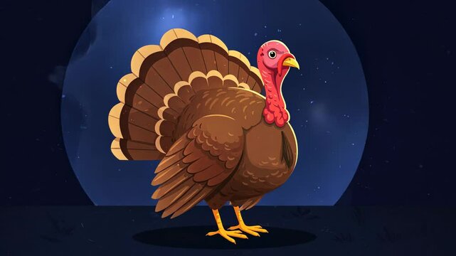 Cartoon turkey with brown feathers, red wattle on starry night background