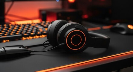 A close up shot of black gaming headphones with orange accents on a desk with a keyboard and mouse