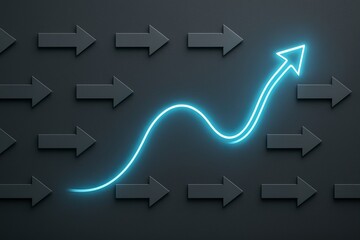 Glowing blue curved arrow moving upward against straight black arrows, symbolizing innovation, leadership, thinking differently, and breaking through norms.

