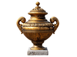 Ornate Golden Urn: A resplendent golden urn, adorned with intricate detailing and elegant curves, stands majestically upon a stone plinth, a symbol of artistry and antiquity.