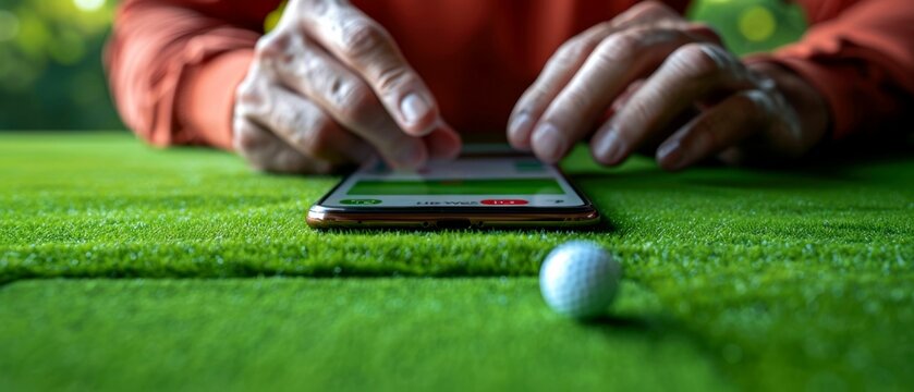 Hands using a smartphone on a golf course green with a golf ball, technology and sport concept, close up view