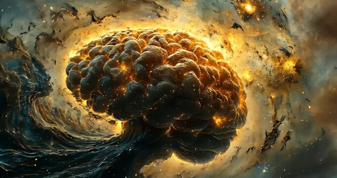 A brain exploding in space with bright lights and dark smoke.