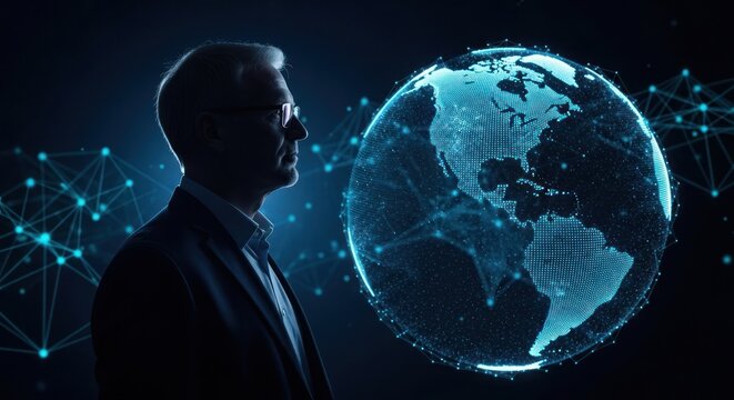 Silhouette of a man in a suit looking at a digital globe with connected network nodes in the dark