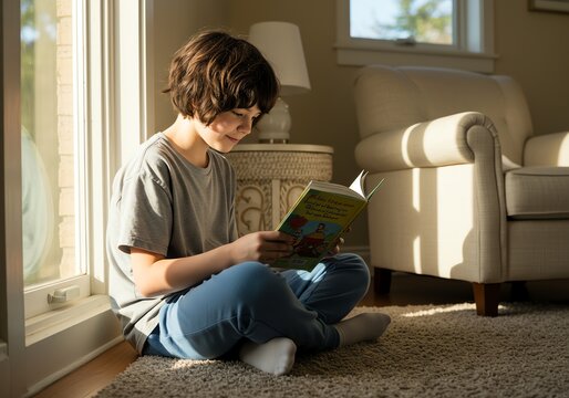 A nonbinary child sitting cross-legged by a window, deeply focused on reading a colorful storybook. Cozy atmosphere, neutral clothing
