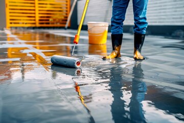 Worker Applying Epoxy Coating on a Wet Surface: Construction, Waterproofing, and Building Renovation Concept.