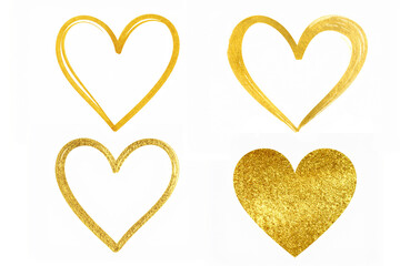 set of golden hand drawn heart. paint brush stroke gold heart design element for Valentines Day card.