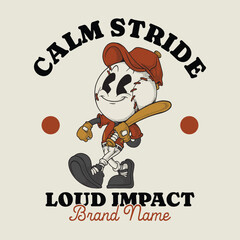 retro cartoon walking baseball player mascot holding baseball bat