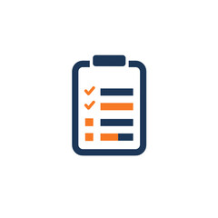 Fototapeta premium Icon of clipboard with checklist and checked items in blue and orange 
