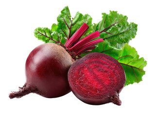 Freshly Harvested Beetroot: A vibrant composition showcases the earthy allure of fresh beetroot, both whole and halved, revealing their rich color and fresh leaves.