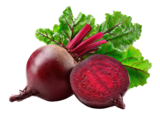 Freshly Harvested Beetroot: A vibrant composition showcases the earthy allure of fresh beetroot, both whole and halved, revealing their rich color and fresh leaves.