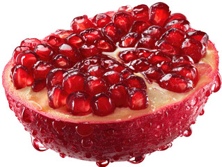 Pomegranate Half with Water Droplets: A vibrant half of a pomegranate, glistening with fresh water droplets, showcases its jewel-toned arils, rich in antioxidants and bursting with flavor.