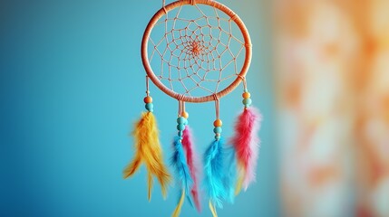 Close-up of colorful dreamcatcher with vibrant feathers against soft turquoise background. Concept of boho spirituality