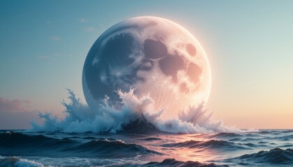 Giant full moon rises above ocean waves in soft pink-blue atmosphere with gentle light. Concept of cosmic tranquility