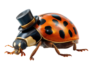 Ladybug Gentleman: A whimsically dressed ladybug sporting a distinguished top hat, its shell adorned with charming black spots, embodying the perfect blend of elegance and natural charm.