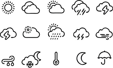 Collection of weather thin line icons, sun, cloud, moon, wind, thermometer isolated on white background, weather business concept, vector illustration