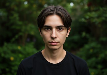 A person with an asymmetrical face gazing confidently into the camera, backlit by soft natural light in a serene environment