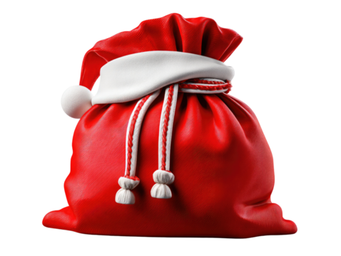 Christmas Gift Bag: A vibrant red Christmas gift bag, full of festive cheer, sits ready, inviting the viewer to anticipate the joy of unwrapping a special present, perfect for holiday promotions.