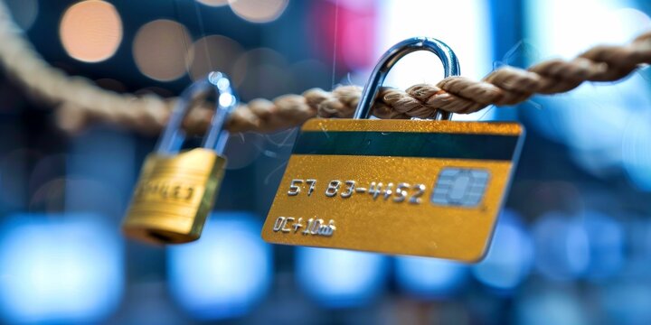 Credit card secured with a padlock, representing financial security, protection, and data privacy concept.