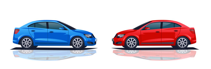 Fototapeta premium Two cars facing each other symbolizing trade war concept blue and red vehicles on reflective surface automotive competition theme
