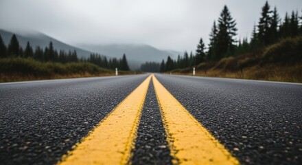 A close up view of a road with yellow lines and trees in the background on an overcast day scenery