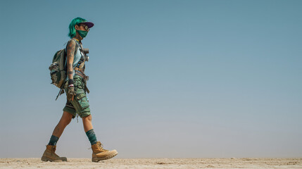 Naklejka premium Nowhere Festival explorer in modern tactical gear strides across barren land, blending survivalist fashion with self-expression in artistic desertscape