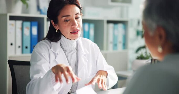 Woman, doctor and prescription with patient for sick note, results or diagnosis at hospital. Female person, healthcare worker or consultant speaking to client for medical symptoms or clinic reference