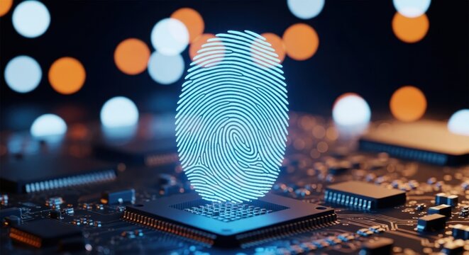 Glowing fingerprint over a chip on a circuit board with blurred lights in the background for security tech
