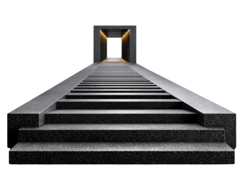 Stairway to Enlightenment: A minimalist yet imposing staircase ascends towards a square opening illuminated by a soft, inviting glow, symbolizing progress, ambition.