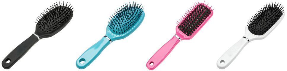 Collection of various colorful hairbrushes for detangling and styling hair