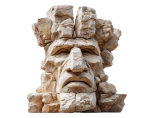 Stone Face Sculpture: A weathered stone sculpture of a human face, crafted from rough-hewn blocks of rock, exudes a sense of ancient wisdom and stoicism.