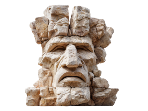 Stone Face Sculpture: A weathered stone sculpture of a human face, crafted from rough-hewn blocks of rock, exudes a sense of ancient wisdom and stoicism.