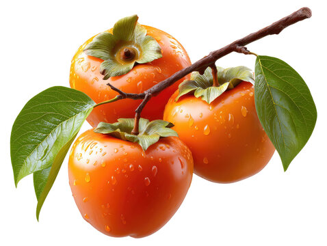 Persimmon Trio: A close-up of ripe persimmons, their vibrant orange hues glistening with fresh water droplets, delicately nestled on a textured branch amidst lush green leaves. - Powered by Adobe