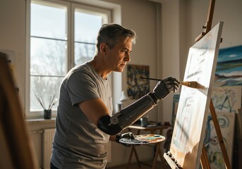 An amputee artist using a brush with a prosthetic arm, painting on a large canvas in a sunlit studio. Focused and creative expression