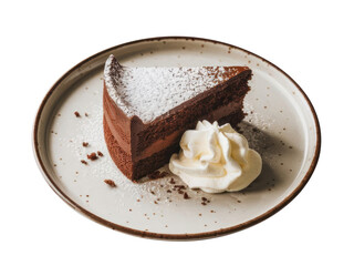 Decadent Chocolate Cake Slice with Whipped Cream and Powdered Sugar: A Gourmet Dessert for Indulgence and Special Occasions