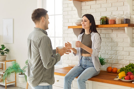 Happy friendly affectionate young married family couple enjoying talking in modern stylish kitchen, speaking spending carefree weekend leisure time in new own apartment, having morning drink, resting