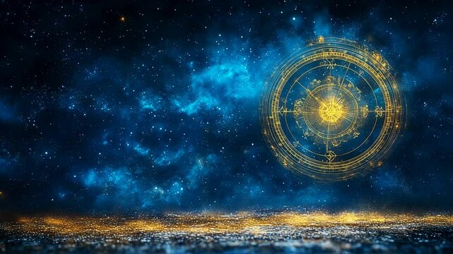 Celestial Compass Rose in a Starry Night Sky with Golden Glittering Horizon