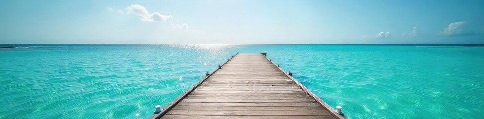 Fototapeta premium Serene island dock extending into calm turquoise water, sunlight glistening on the surface Perfect for travel, vacation, or idyllic getaway imagery , pier, blue