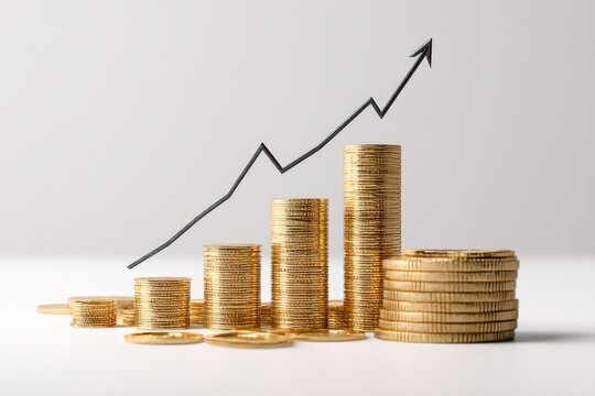 Gold coins stacked in ascending columns with a rising graph