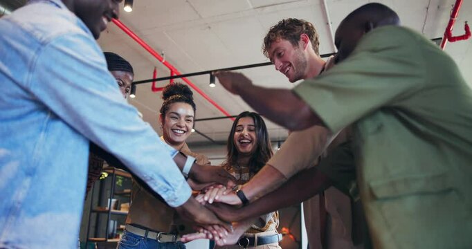 Creative team, business people and stack hands for celebration, clapping or target in office. Smile, workers and huddle for support, goal or applause for collaboration with mission success in startup