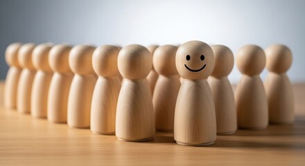 A group of wooden peg dolls standing in a row with one doll having a smiling face drawn on it front and center