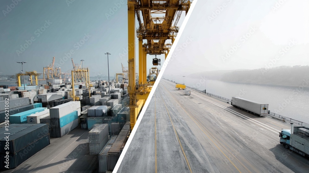 Poster sidebyside comparison of traditional port operations versus digital twin technology emphasizing the 