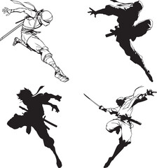  Agile Ninja Silhouettes set in Dynamic Combat and Acrobat Poses