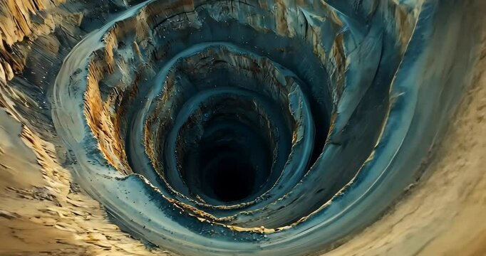 A drone shot flies over a vast open pit mine, spiraling down into the earth.