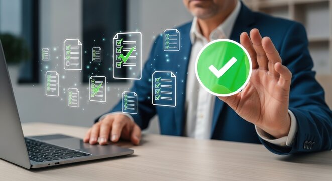 Man in suit holding green check mark with laptop and floating document icons in the background