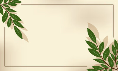 A beige background with a rectangular border, adorned with green leaves on opposite corners. vector background design.