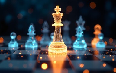 Luminous chess king on sparkling board with dynamic light trails. High quality