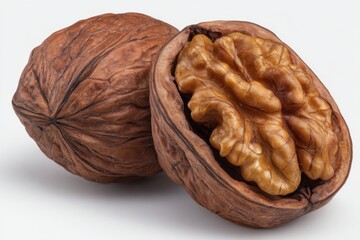 Whole and halved walnuts isolated on white background