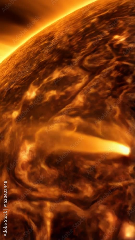 Poster detailed surface of an orange sun-like star showing plasma flares and dynamic patterns with dark spa