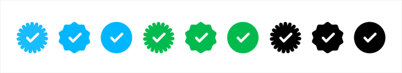 Set of verification badges with checkmarks in various colors and shapes. Vector flat icons for approved, trusted, certified, or verified identity and social media status UI design.