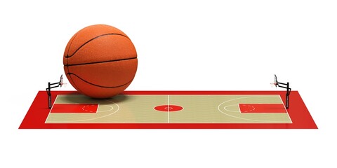 ballon de basket géant posé sur un terrain de basket ball vu de côté - rendu 3D